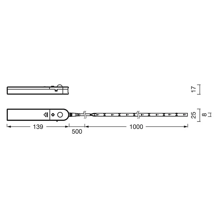 Osram LED-Band Sensor - Länge: 100 cm, Lichtfarbe: Warmweiß, 2 W - Abbildung einer LED-Leuchte mit den Maßen 139, 500 und 1000 mm Länge und 17 bzw. 8 mm Höhe.