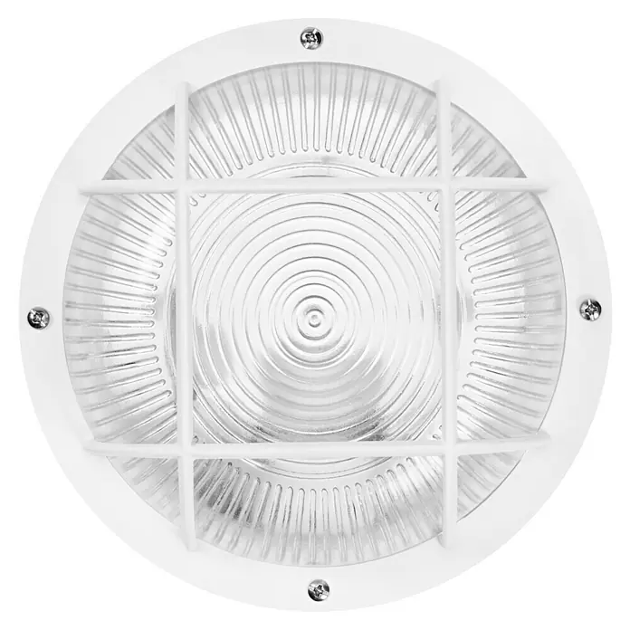 Osram Wand- & Deckenleuchte Bulkhead Essential - Weiß, 19 x 9,8 cm, E27 - Nahaufnahme einer runden, weißen Deckenleuchte mit einem Gitter und sichtbaren Schrauben, ideal für Innen- und Außenbereiche.