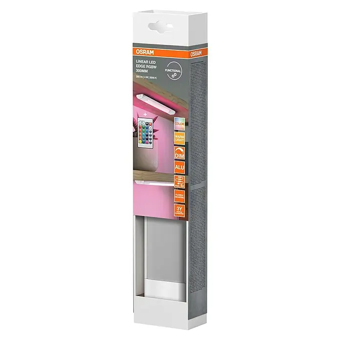 Osram LED-Unterbauleuchte Linear - L x B x H: 30 x 4,9 x 1,8 cm, Lichtfarbe: Warmweiß, 220 V - 240 V - Das Produkt ist eine LED-Leuchte von Osram, Modell Linear LED Edge RGBW mit 300mm Länge, die mit einer Fernbedienung gesteuert werden kann.