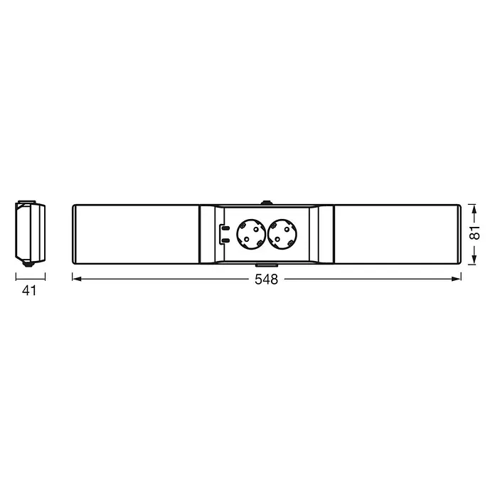 Osram LED-Unterbauleuchte mit Steckdose - L x B x H: 54,8 x 8,1 x 4,1 cm, Lichtfarbe: Warmweiß, 220 V - 240 V, Weiß - Eine schematische Darstellung einer LED-Lampe mit den Maßen 548x81 mm und einer Tiefe von 41 mm.