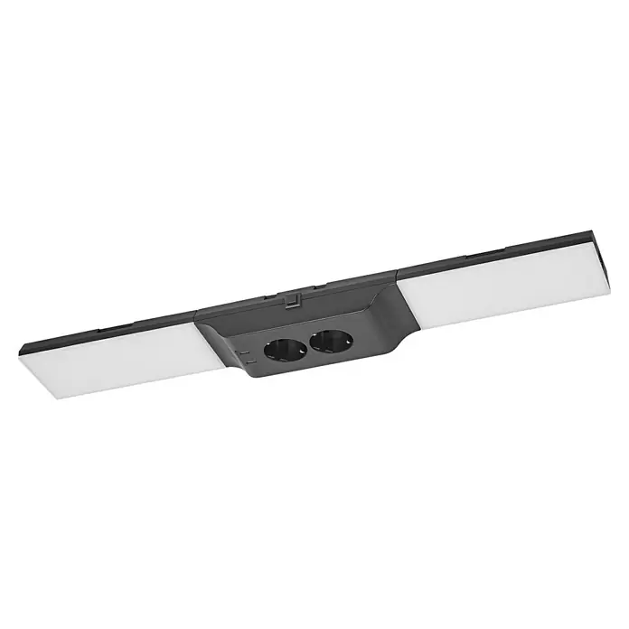 Osram LED-Unterbauleuchte mit Steckdose - L x B x H: 54,8 x 8,1 x 4,1 cm, Lichtfarbe: Warmweiß, 220 V - 240 V, Schwarz - Eine graue, moderne LED-Werkstattleuchte mit Steckdosen und Kühlkörpern an den Seiten für optimale Wärmeableitung und lange Lebensdauer.