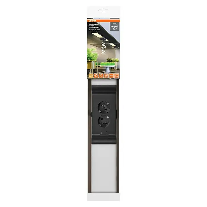 Osram LED-Unterbauleuchte mit Steckdose - L x B x H: 54,8 x 8,1 x 4,1 cm, Lichtfarbe: Warmweiß, 220 V - 240 V, Schwarz - OSRAM Unterschrankleuchte Frameless Kit mit zwei Steckdosen und USB-Anschlüssen für die flexible Montage und warmes Licht in der Küche.