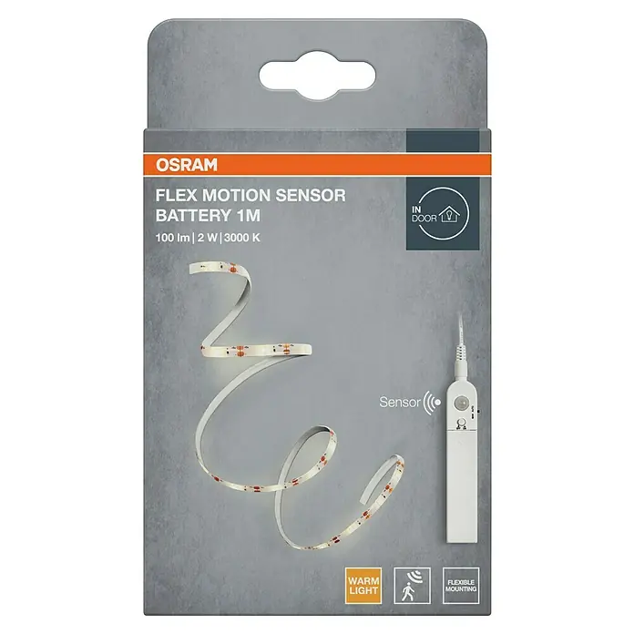 Osram LED-Band Sensor - Länge: 100 cm, Lichtfarbe: Warmweiß, 2 W - Verpackung der Osram Flex Motion Sensor LED-Leiste mit 1 Meter Länge, batteriebetrieben und warmweißem Licht für den Innenbereich.