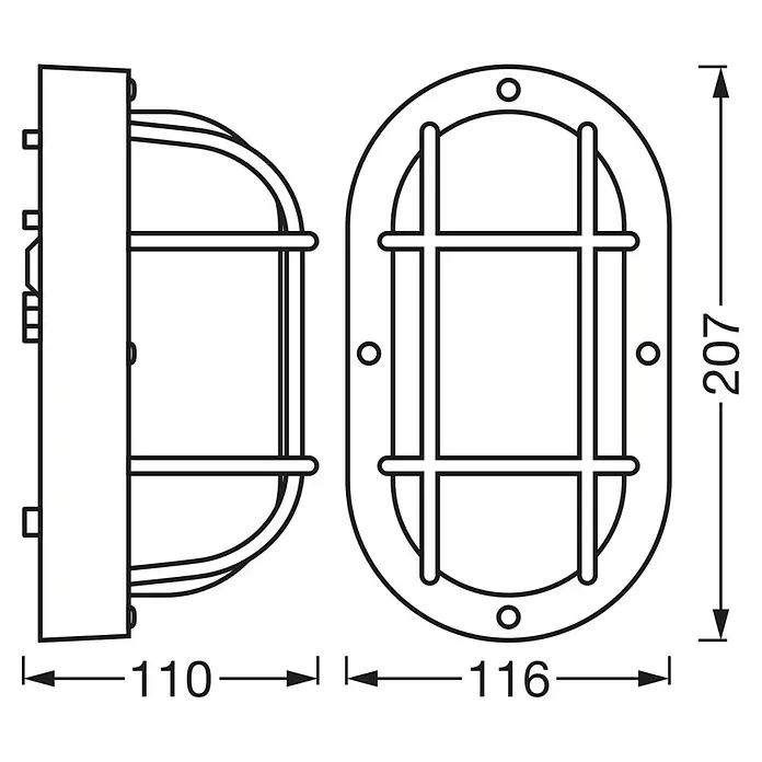 Osram Wand- & Deckenleuchte Bulkhead Essential - L x B x H: 9,8 x 11 x 20,7 cm, Schwarz, E27 - Technische Zeichnung einer ovalen Außenleuchte mit Käfig und Maßangaben für Tiefe und Höhe.
