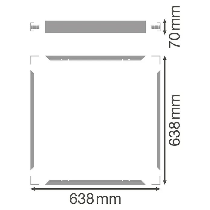 Ledvance LED-Panel Surface Mount Kit - L x B x H: 63,8 x 68,8 x 7 cm, Weiß - Schematische Darstellung einer quadratischen Duschkabine mit Abmessungen von 638 mm x 638 mm und einer Höhe von 70 mm.