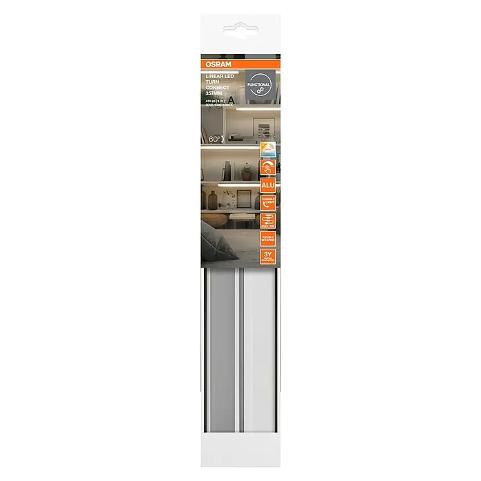 Osram LED-Unterbauleuchte Linear - L x B x H: 35,7 x 6 x 2,4 cm, Lichtfarbe: Tageslichtweiß, 220 V - 240 V, Weiß - Produktverpackung einer OSRAM Linear LED Turn Connect Leuchte, 357mm, mit technischen Details und Produkteigenschaften.