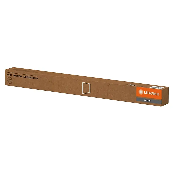 Ledvance LED-Panel Frame Essential - Weiß, Passend für: Osram Essential LED-Panel 60 x 60 cm - Ein langer Karton mit der Aufschrift "Panel Essential Surface Frame" und dem LEDVANCE-Logo, der eine Innenleuchte enthält.