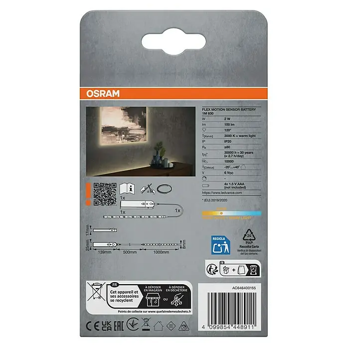 Osram LED-Band Sensor - Länge: 100 cm, Lichtfarbe: Warmweiß, 2 W - Die Rückseite der Osram Flex Motion Sensor Battery 1M 830 Verpackung, die Produktspezifikationen und Recyclinginformationen zeigt.