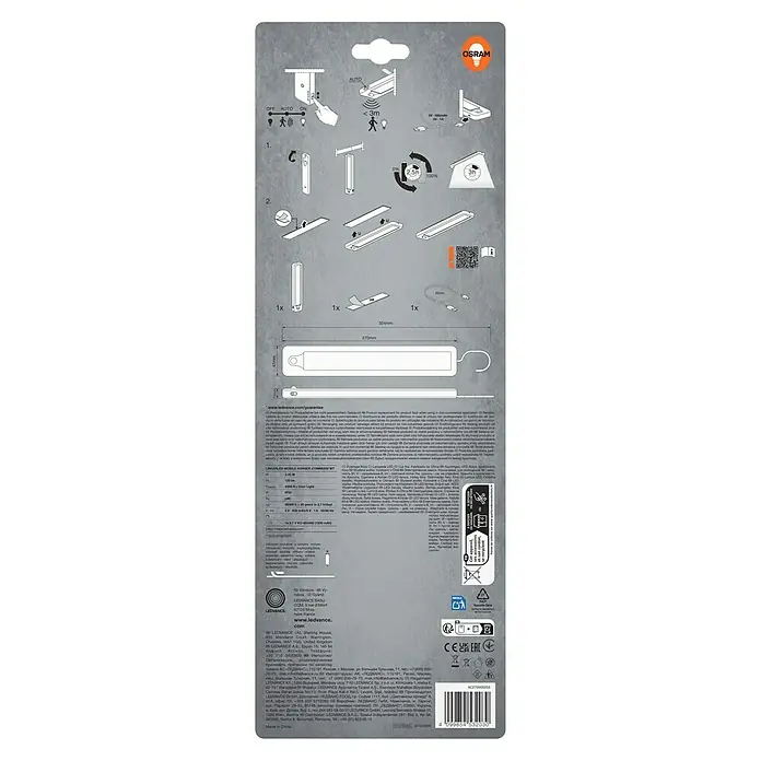 Osram LED-Unterbauleuchte Linearleuchte Mobil Hänger - L x B x H: 32,4 x 4,7 x 1,5 cm, Lichtfarbe: Kaltweiß - Bild einer OSRAM LED-Leuchte mit Montageanleitung und technischen Daten für den Innenbereich, ideal zur Beleuchtung.