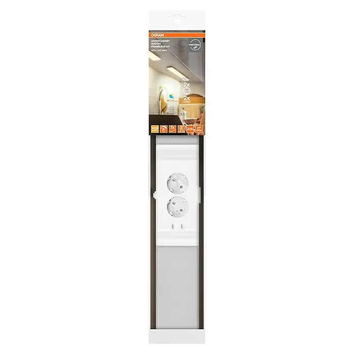 Osram LED-Unterbauleuchte mit Steckdose - L x B x H: 54,8 x 8,1 x 4,1 cm, Lichtfarbe: Warmweiß, 220 V - 240 V, Weiß - Osram Unterschrankleuchte - Frameless Kit: Das Set enthält zwei Leuchten für die Montage unter Schränken, ideal für Küchen.