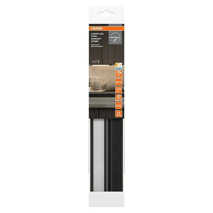 Osram LED-Unterbauleuchte Linear - L x B x H: 35,7 x 6 x 2,4 cm, Lichtfarbe: Tageslichtweiß, 220 V - 240 V, Schwarz - Produktverpackung der Osram Linear LED Turn Connect 357mm, einer energieeffizienten Leuchte mit Drehfunktion & 3 Jahren Garantie.