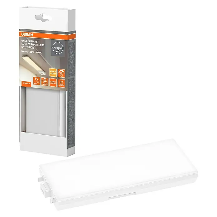 Osram LED-Unterbauleuchte Erweiterung - L x B x H: 17,9 x 8,1 x 2,1 cm, Lichtfarbe: Warmweiß, Weiß - Das Produkt ist eine Osram Unterschrankleuchte, eine sockellose, rahmenlose Erweiterung für funktionale Beleuchtung mit warmweißem Licht.