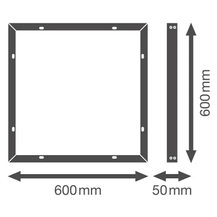 Ledvance LED-Panel Frame Essential - Weiß, Passend für: Osram Essential LED-Panel 60 x 60 cm - Abbildung eines quadratischen Rahmens mit Abmessungen, der Rahmen ist 600 mm breit und 50 mm dick.
