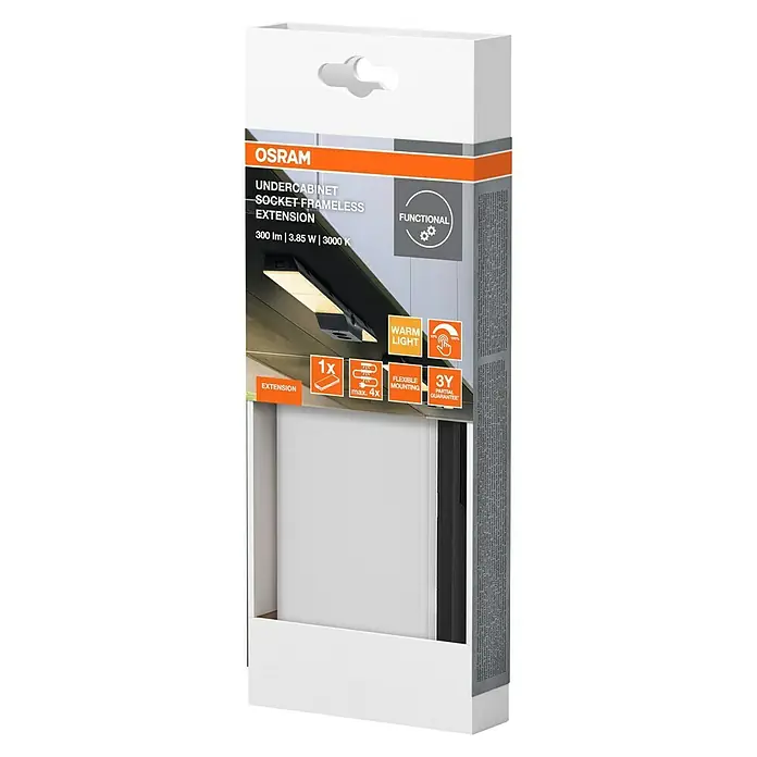 Osram LED-Unterbauleuchte Erweiterung - L x B x H: 17,9 x 8,1 x 2,1 cm, Lichtfarbe: Warmweiß, Schwarz - Das Bild zeigt die Verpackung einer Osram Unterbauleuchte mit der Aufschrift "Socket Frameless Extension" und Produktinformationen.