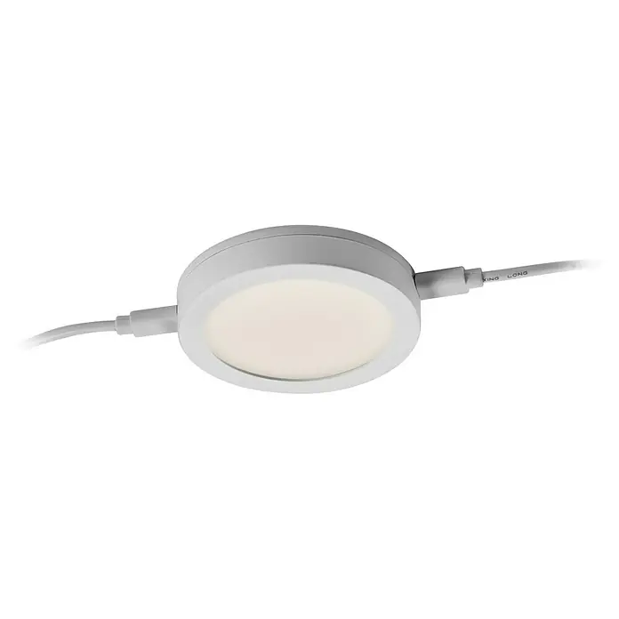 Osram LED-Unterbauleuchte Flexus - Lichtfarbe: Warmweiß, 220 V - 240 V - Nahaufnahme einer runden LED-Deckenleuchte mit weißem Gehäuse und Kabel, ideal für moderne Innenräume und energieeffiziente Beleuchtung.