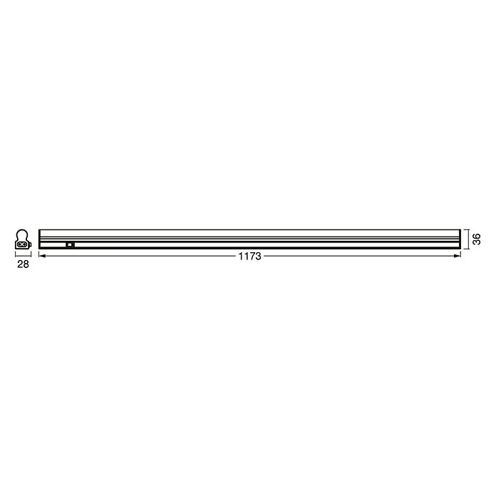 Osram LED-Unterbauleuchte Linearleuchte Sensor - L x B x H: 117,3 x 2,8 x 3,6 cm, Lichtfarbe: Warmweiß, 220 V - 240 V - Darstellung einer Lichtleiste mit Abmessungen: 1173mm Länge, 28mm Breite und 36mm Höhe. Präzise Details für Planungszwecke.