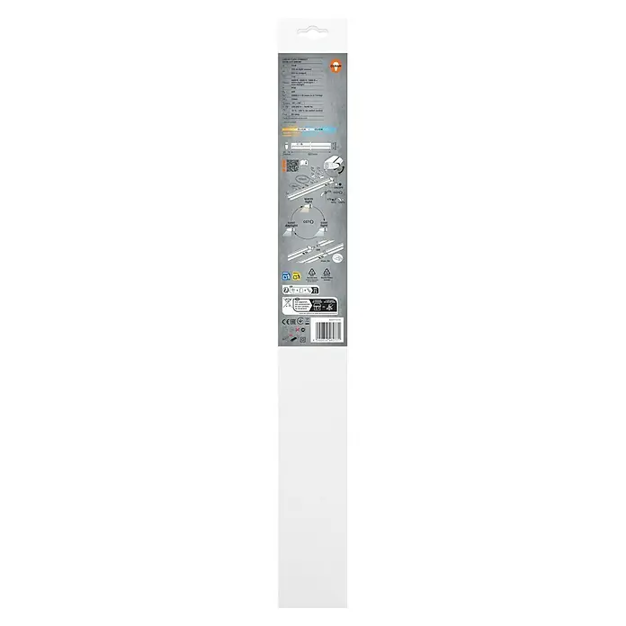 Osram LED-Unterbauleuchte Linear - L x B x H: 55,7 x 6 x 2,4 cm, Lichtfarbe: Tageslichtweiß, 220 V - 240 V, Schwarz - Produktverpackung einer LED-Leuchte mit detaillierten technischen Daten und Anweisungen zur Installation und Verwendung.