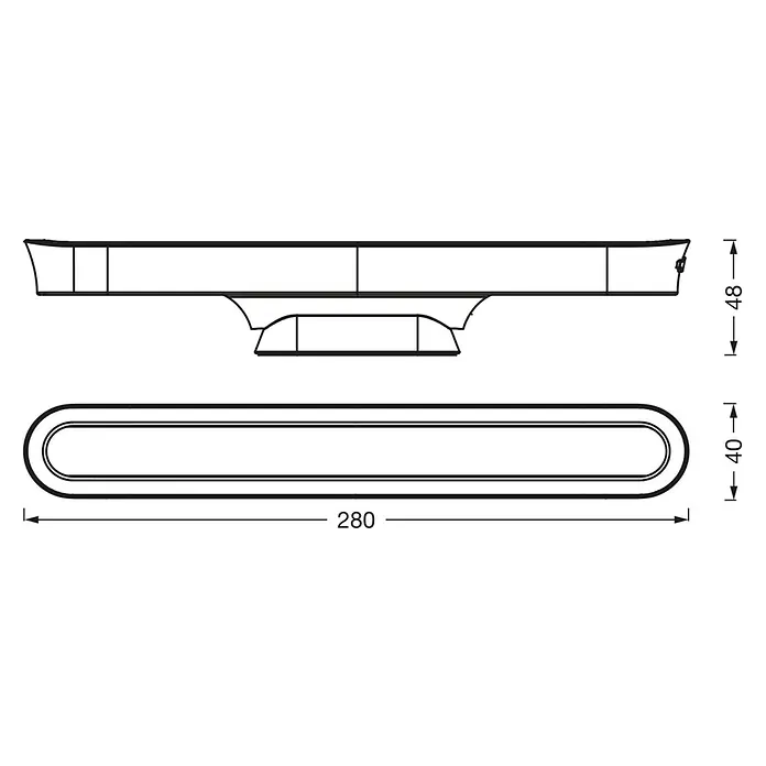 Osram LED-Unterbauleuchte Linearleuchte Mobil Magnet - L x B x H: 28 x 4 x 4,8 cm, Lichtfarbe: Tageslichtweiß - Produktabbildung eines länglichen LED-Einbaustrahlers mit Maßangaben.