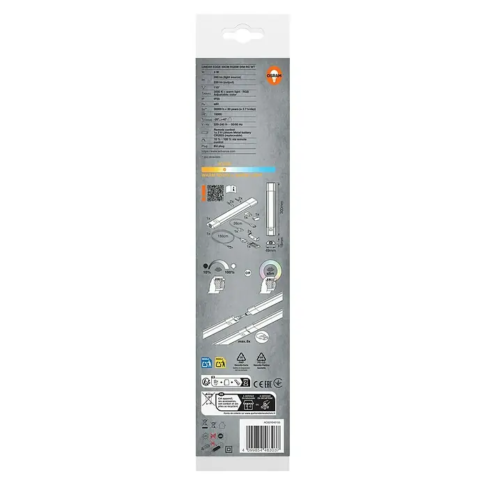 Osram LED-Unterbauleuchte Linear - L x B x H: 30 x 4,9 x 1,8 cm, Lichtfarbe: Warmweiß, 220 V - 240 V - Verpackungsdesign für Osram Linear Edge 30cm RGBW DIM RC WT LED-Leuchte mit technischen Daten, Montageanleitung und Recyclinghinweisen.