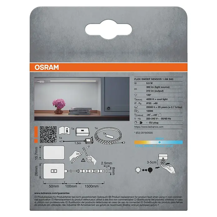 Osram LED-Band Sensor - Länge: 150 cm, Lichtfarbe: Kaltweiß, 5,5 W, 310 lm, 220 V - 240 V - Bild einer OSRAM Flex Sweep Sensor 1.5M 840-Verpackung, die Details wie Leistung, Lichtstrom, Farbtemperatur und Abmessungen zeigt.