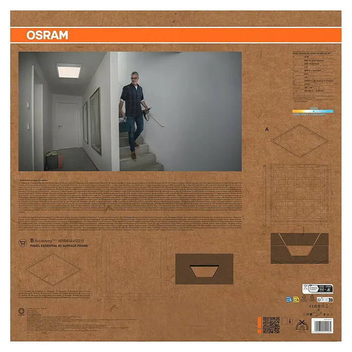 Osram LED-Panel Essential - 36 W, L x B x H: 59,6 x 59,6 x 3,5 cm, Weiß, Kaltweiß - Produktverpackung für OSRAM Panel Essential 60 Surface Frame, mit Montageanleitung und Anwendungsbeispiel.