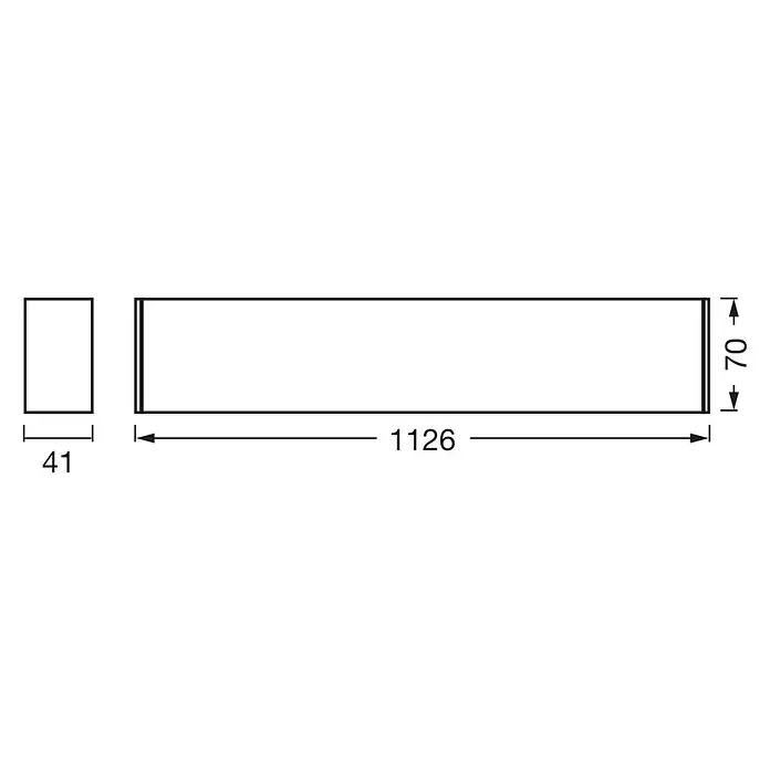 Osram LED-Deckenleuchte Office Line - 30 W, L x B x H: 112,6 x 4,1 x 7 cm, Weiß, Kaltweiß - Produktabbildung mit den Maßen 1126x70 mm und 41 mm für die Installation, zur einfachen Orientierung bei der Montage.