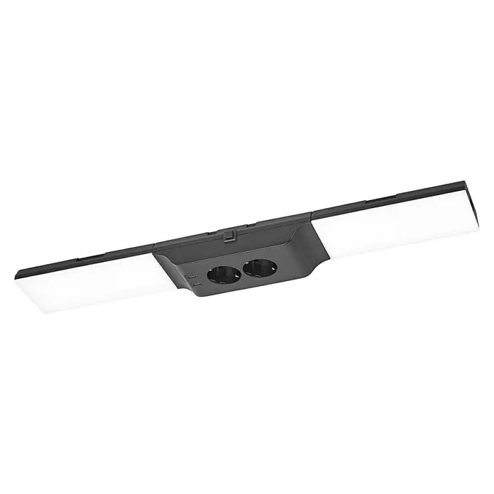 Osram LED-Unterbauleuchte mit Steckdose - L x B x H: 54,8 x 8,1 x 4,1 cm, Lichtfarbe: Warmweiß, 220 V - 240 V, Schwarz - Eine Nahaufnahme einer zweiflammigen LED-Sicherheitsleuchte mit zwei Steckdosen an einem Mittelgehäuse, ideal für Werkstattbeleuchtung.