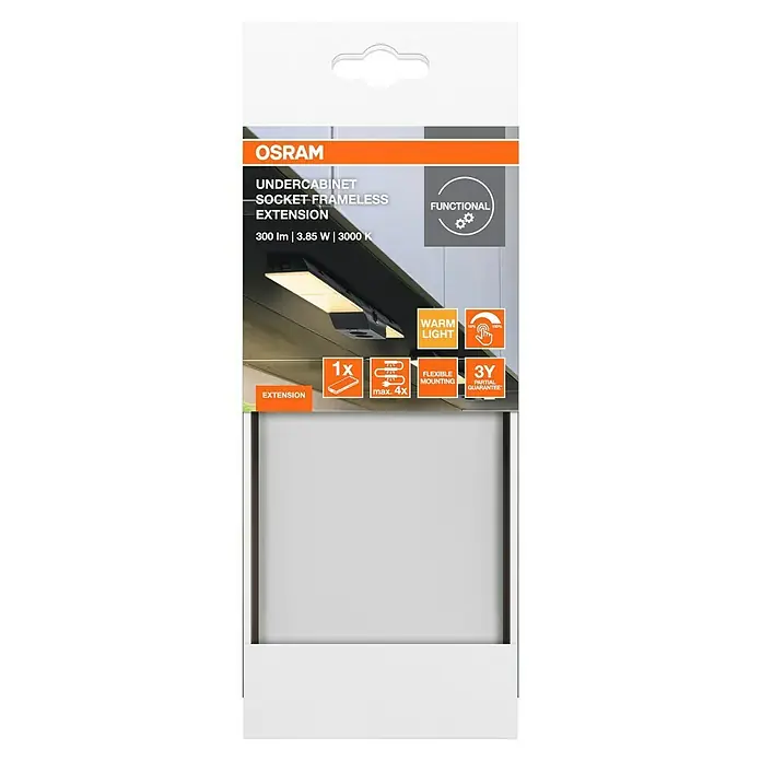 Osram LED-Unterbauleuchte Erweiterung - L x B x H: 17,9 x 8,1 x 2,1 cm, Lichtfarbe: Warmweiß, Schwarz - Produktverpackung für OSRAM Unterbauleuchte, sockelfreie Erweiterung mit 300 lm, 3,85 W, 3000 K, warmweißes Licht, flexible Montage und 3 Jahre Garantie.