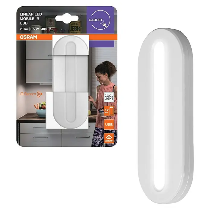 Osram LED-Unterbauleuchte Mobileleuchte Linear LED - L x B x H: 11,6 x 1,1 x 4,7 cm, Lichtfarbe: Kaltweiß - Abbildung einer Osram Linear LED Mobile IR USB-Leuchte, ideal für Schränke. Kompaktes Design, mobil und mit Infrarotsensor ausgestattet.