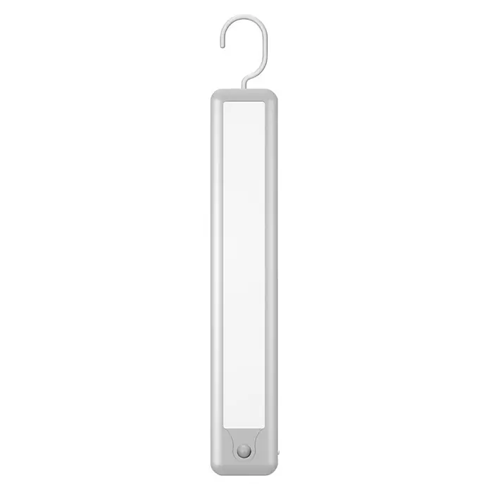 Osram LED-Unterbauleuchte Linearleuchte Mobil Hänger - L x B x H: 32,4 x 4,7 x 1,5 cm, Lichtfarbe: Kaltweiß - Ein hellgrauer, rechteckiger Kleiderlufterfrischer mit einem Haken zum Aufhängen an einer Stange.