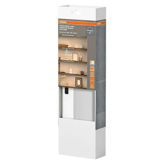 Osram LED-Unterbauleuchte - L x B x H: 30 x 10 x 0,8 cm, Lichtfarbe: Tageslichtweiß, 220 V - 240 V - Produktverpackung für OSRAM Unterbauleuchte mit Bewegungssensor, rahmenlos, 300x100mm, 250lm, 5W, 3000-6500K.