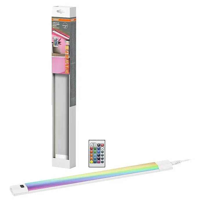 Osram LED-Unterbauleuchte Linear - L x B x H: 50 x 4,9 x 1,8 cm, Lichtfarbe: Warmweiß, 220 V - 240 V - Nahaufnahme einer Osram Linear LED-Leuchte, die mit einer Fernbedienung zur Farbanpassung und einer Produktverpackung geliefert wird.
