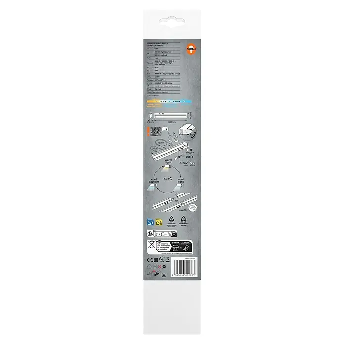 Osram LED-Unterbauleuchte Linear - L x B x H: 35,7 x 6 x 2,4 cm, Lichtfarbe: Tageslichtweiß, 220 V - 240 V, Schwarz - Produktverpackung mit technischen Details zur linearen LED-Leuchte, inklusive Größenangaben und Einstellmöglichkeiten der Farbtemperatur.