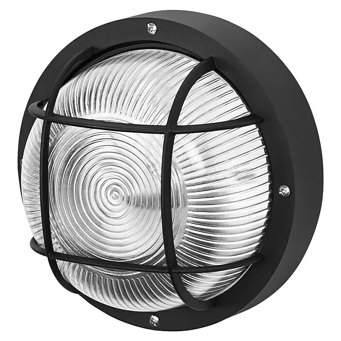 Osram Wand- & Deckenleuchte Bulkhead Essential - Schwarz, 19 x 9,8 cm, E27 - Schwarze runde Außenleuchte mit schützendem Käfig und geriffeltem Glas für eine stilvolle und sichere Beleuchtung im Außenbereich.