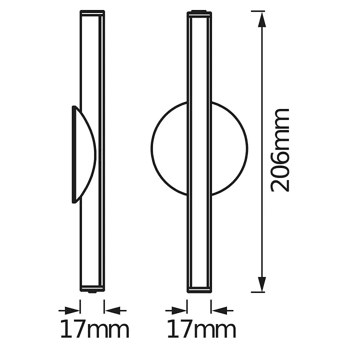 Osram LED-Unterbauleuchte Schrankleuchte LEDStixx - L x B x H: 20,6 x 1,7 x 1,7 cm, Lichtfarbe: Kaltweiß - Schematische Darstellung einer Wandleuchte mit den Maßen 206mm Höhe und 17mm Tiefe. Das Design umfasst einen zylindrischen Körper und einen runden Diffusor.