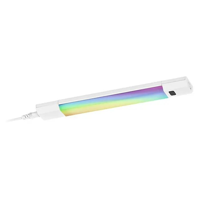 Osram LED-Unterbauleuchte Linear - L x B x H: 30 x 4,9 x 1,8 cm, Lichtfarbe: Warmweiß, 220 V - 240 V - Ein RGB-LED-Lichtleiste mit einem Stecker auf der linken Seite und einem Schalter auf der rechten Seite, das helle Farben anzeigt.