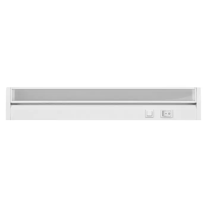 Osram LED-Unterbauleuchte Linear - L x B x H: 35,7 x 6 x 2,4 cm, Lichtfarbe: Tageslichtweiß, 220 V - 240 V, Weiß - Nahaufnahme einer weißen Unterbauleuchte mit Schaltern, ideal für die Küchenbeleuchtung und Arbeitsflächen.