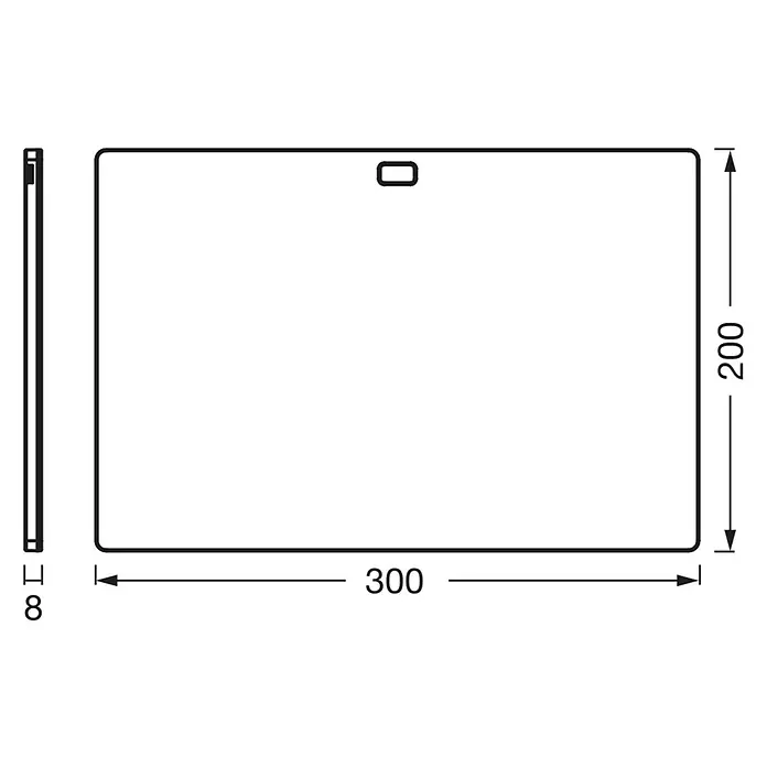 Osram LED-Unterbauleuchte - L x B x H: 30 x 20 x 0,8 cm, Lichtfarbe: Tageslichtweiß, 220 V - 240 V - Abbildung einer Duschwanne mit den Maßen 300 x 200 x 8 mm. Die Duschwanne hat eine rechteckige Form und ein minimalistisches Design.