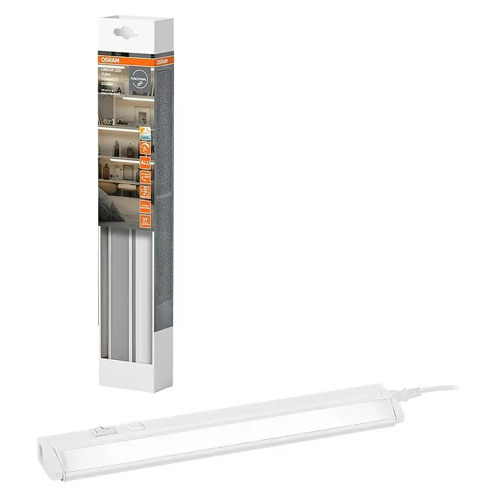 Osram LED-Unterbauleuchte Linear - L x B x H: 35,7 x 6 x 2,4 cm, Lichtfarbe: Tageslichtweiß, 220 V - 240 V, Weiß - Das Bild zeigt eine OSRAM Linear LED-Leuchte in ihrer Verpackung und separat, wobei das schlanke Design und die Funktionalität betont werden.