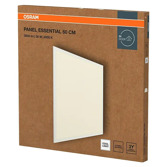 Osram LED-Panel Essential - 36 W, L x B x H: 59,6 x 59,6 x 3,5 cm, Weiß, Kaltweiß - Produktbild der OSRAM Panel Essential 60 cm LED-Deckenleuchte in der Verpackung, ideal für Innenräume mit kühlem Licht und 3 Jahren Garantie.