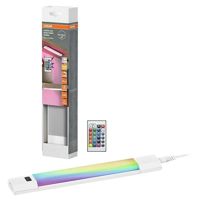 Osram LED-Unterbauleuchte Linear - L x B x H: 30 x 4,9 x 1,8 cm, Lichtfarbe: Warmweiß, 220 V - 240 V - Produktbild einer OSRAM Linear LED Edge RGBW 300MM Leuchte mit Fernbedienung und Verpackung.