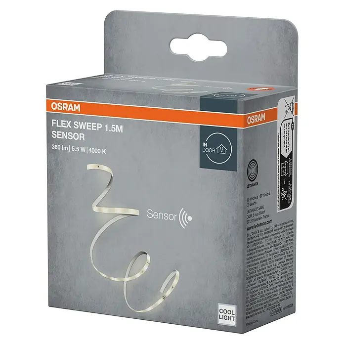 Osram LED-Band Sensor - Länge: 150 cm, Lichtfarbe: Kaltweiß, 5,5 W, 310 lm, 220 V - 240 V - Produktverpackung der OSRAM Flex Sweep 1.5M Sensor LED-Leuchte, eine praktische und energieeffiziente Lösung für die Innenbeleuchtung.