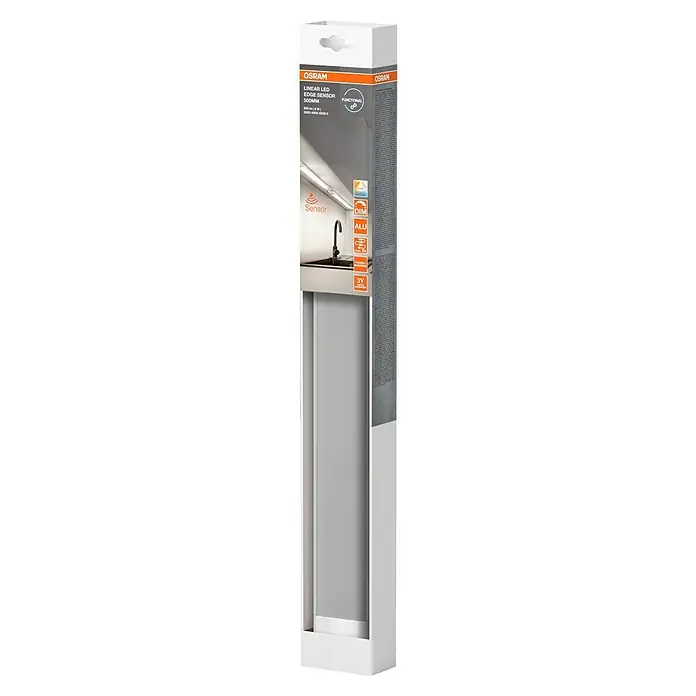 Osram LED-Unterbauleuchte Linear - L x B x H: 50 x 4,9 x 1,8 cm, Lichtfarbe: Tageslichtweiß, 220 V - 240 V - Verpackung einer Osram Linear LED Edge Sensor Leuchte. Die LED-Leuchte ist ideal für die Küche und verfügt über einen Sensor.