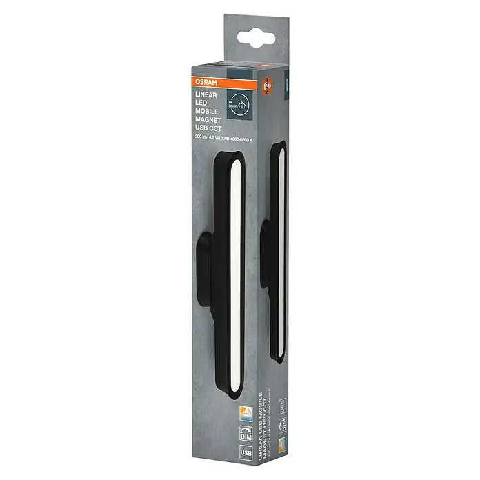 Osram LED-Unterbauleuchte Linearleuchte Mobil Magnet - L x B x H: 28 x 4 x 4,8 cm, Lichtfarbe: Tageslichtweiß - Produktverpackung der Osram Linear LED Mobile Magnet USB CCT Leuchte mit Produktbildern und technischen Daten.