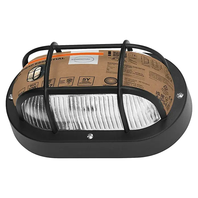 Osram Wand- & Deckenleuchte Bulkhead Essential - L x B x H: 9,8 x 11 x 20,7 cm, Schwarz, E27 - Nahaufnahme einer LEDVANCE Essential Oval E27 BK Bulkhead-Leuchte mit schwarzem Gitter, ideal für den Außenbereich.