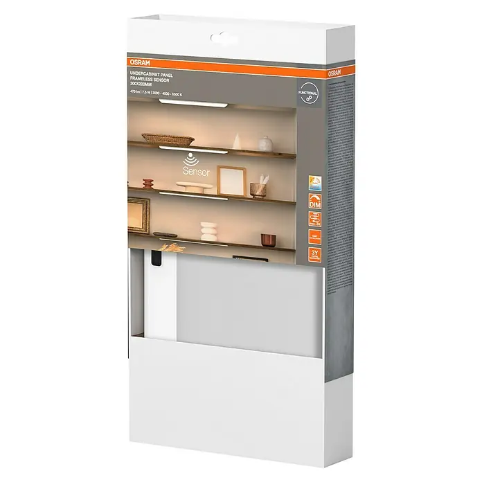 Osram LED-Unterbauleuchte - L x B x H: 30 x 20 x 0,8 cm, Lichtfarbe: Tageslichtweiß, 220 V - 240 V - Nahaufnahme der Verpackung für OSRAM Unterbauleuchte mit Sensor, 300x200mm, 470 lm, 7.5 W, einstellbare Farbtemperatur.