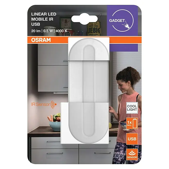 Osram LED-Unterbauleuchte Mobileleuchte Linear LED - L x B x H: 11,6 x 1,1 x 4,7 cm, Lichtfarbe: Kaltweiß - Das Bild zeigt eine lineare LED-Leuchte von Osram, ideal für den mobilen Einsatz mit IR-Sensor und USB-Anschluss, perfekt für Küche.