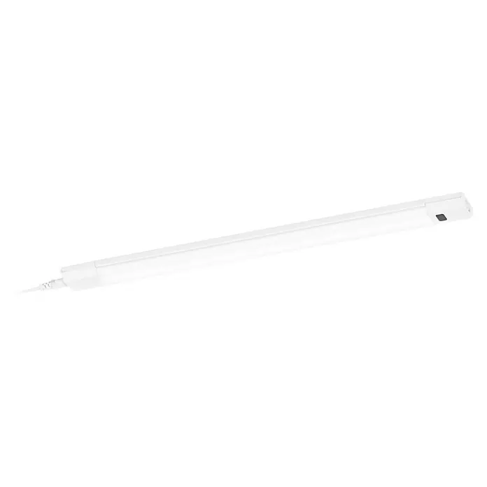 Osram LED-Unterbauleuchte Linear - L x B x H: 50 x 4,9 x 1,8 cm, Lichtfarbe: Tageslichtweiß, 220 V - 240 V - Die Abbildung zeigt eine weiße LED-Röhre, die sich diagonal über einen schwarzen Hintergrund erstreckt und eine moderne Beleuchtungslösung darstellt.