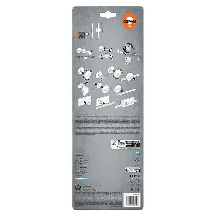 Osram LED-Unterbauleuchte Schrankleuchte LEDStixx - L x B x H: 20,6 x 1,7 x 1,7 cm, Lichtfarbe: Kaltweiß - Abbildung der LEDVANCE LED-Leuchte mit Montageanleitung und technischen Daten für den Heimgebrauch.