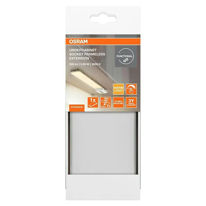 Osram LED-Unterbauleuchte Erweiterung - L x B x H: 17,9 x 8,1 x 2,1 cm, Lichtfarbe: Warmweiß, Weiß - Produktverpackung einer Osram Unterbauleuchte mit dem Namen "SOCKET FRAMELESS EXTENSION", die eine einfache Installation und warmes Licht verspricht.